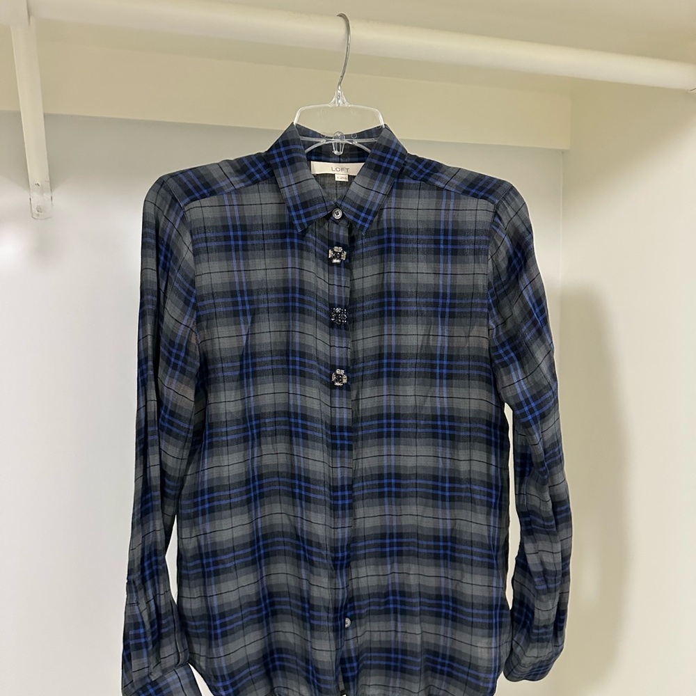Loft Blue & Gray Plaid Button-Up Shirt with Gem Details